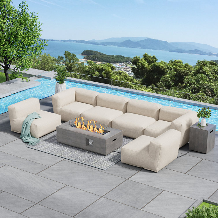 Ivy Bronx 6 Person Patio Furniture Outdoor Sectional Conversation Set With Fire Pit Table Reviews Wayfair